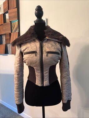bebe Quilted Beige Bomber Jacket with Brown Fur Collar